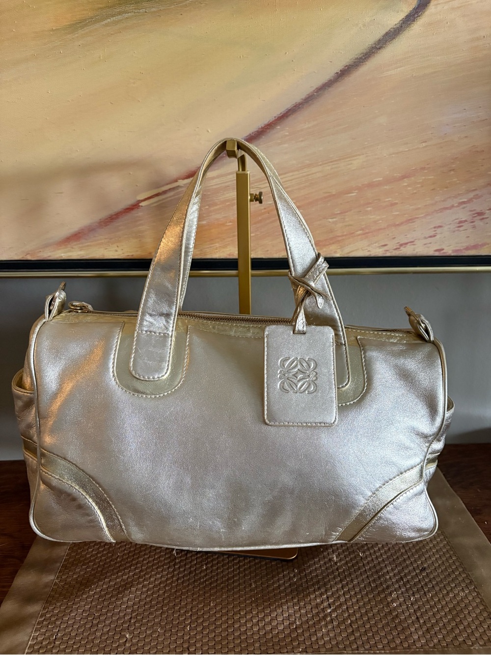 Loewe 2007 Vintage Metallic Champagne Two Tone Gold Leather Boston Satchel Bag